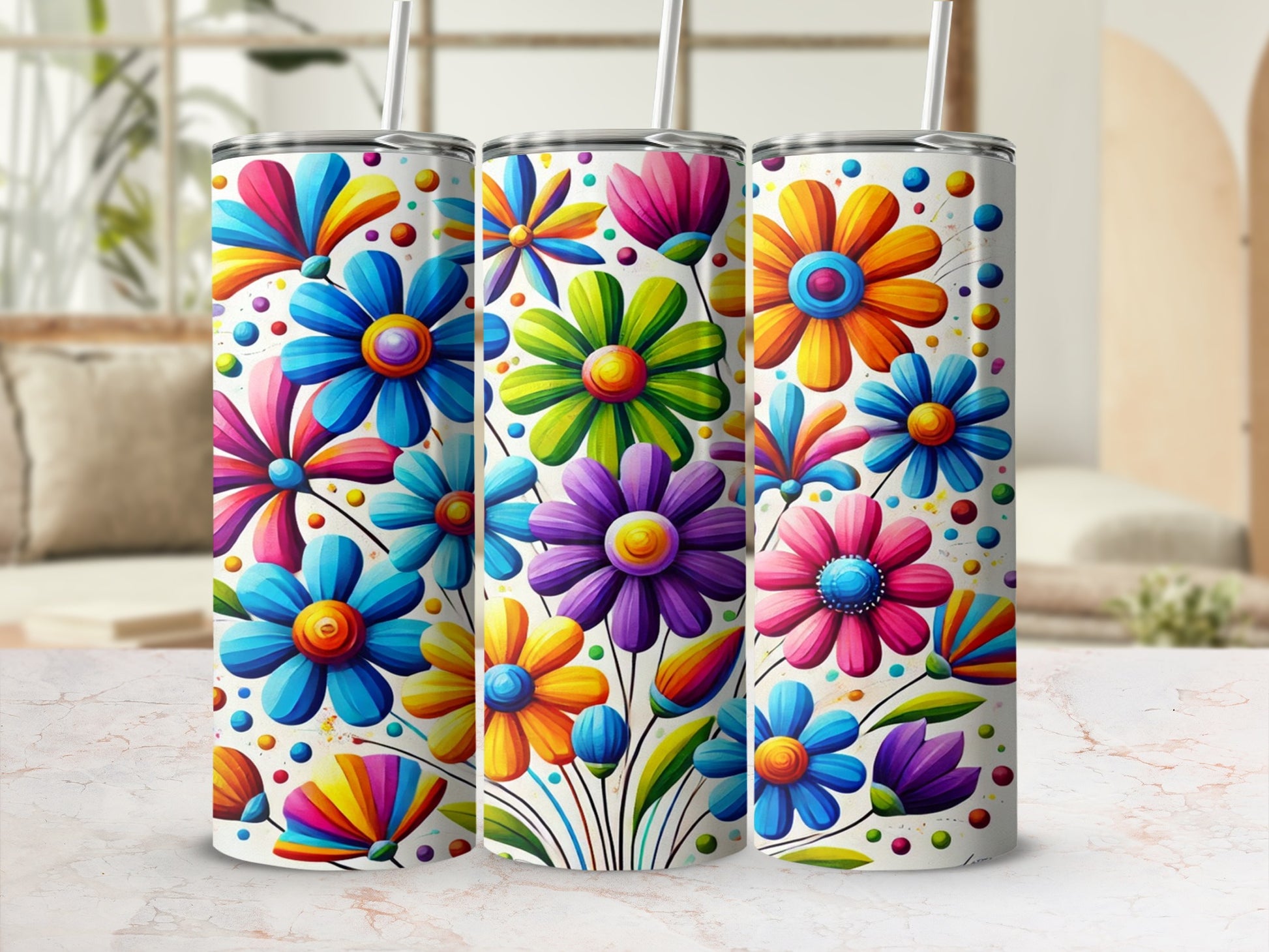 Colorful Flower Design Tall Tumbler with Straw Product