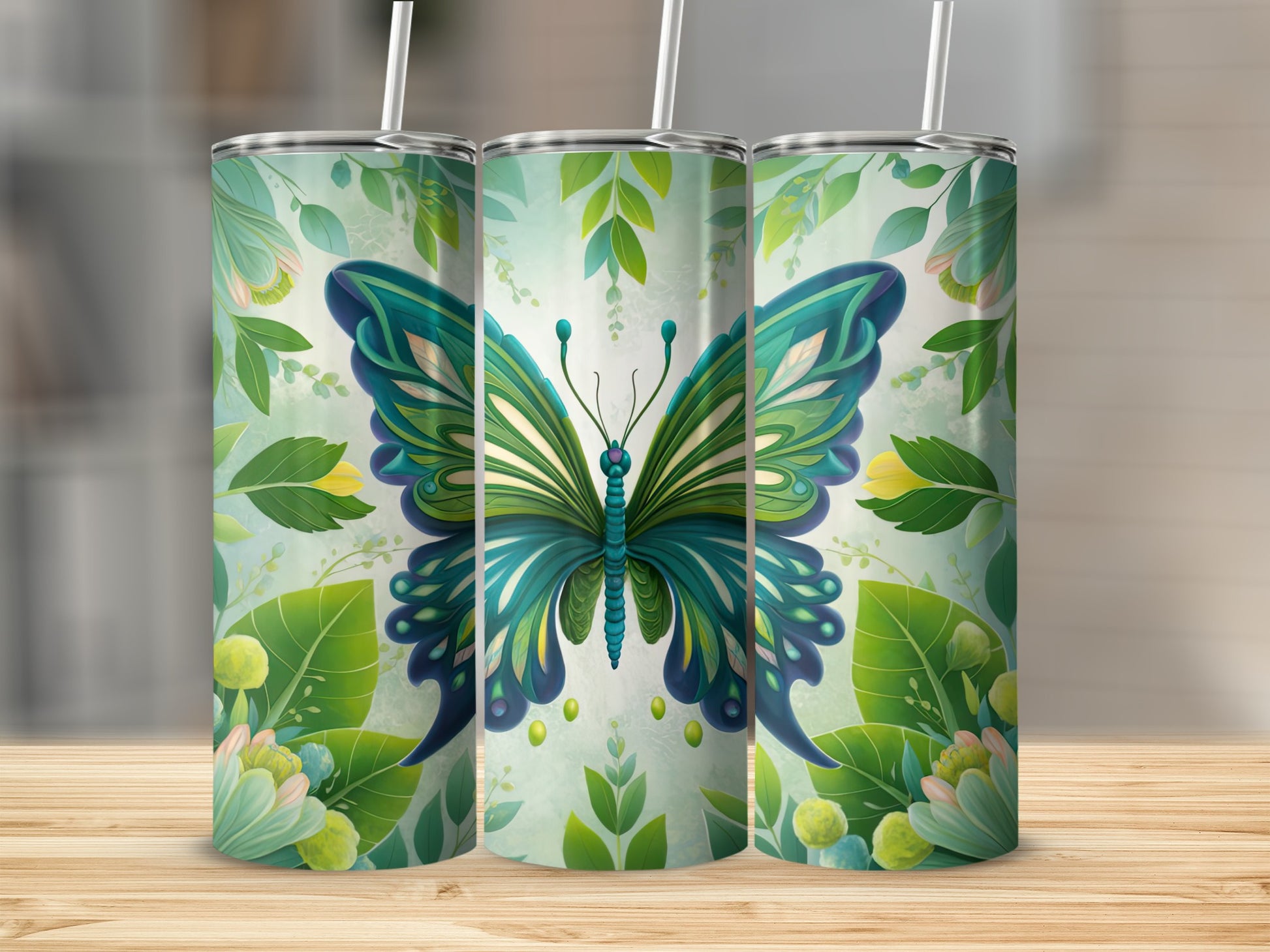 Green butterfly design on a 20oz skinny tumbler with floral accents.