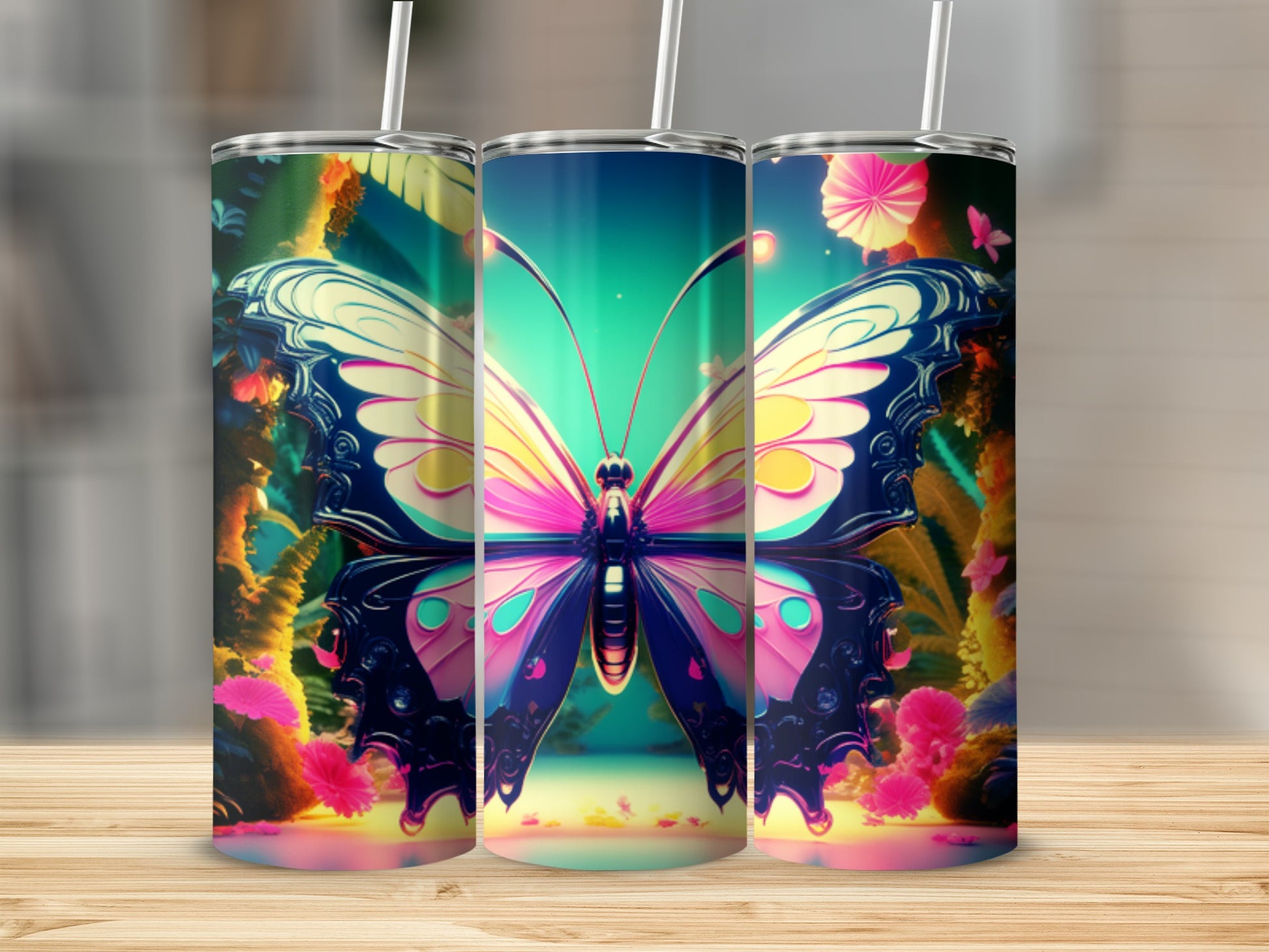 Three tumblers with a vibrant butterfly and floral design.