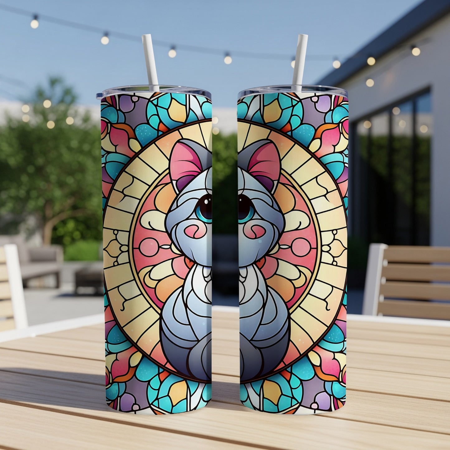 Two identical tumblers with stained glass cat design on outdoor table.