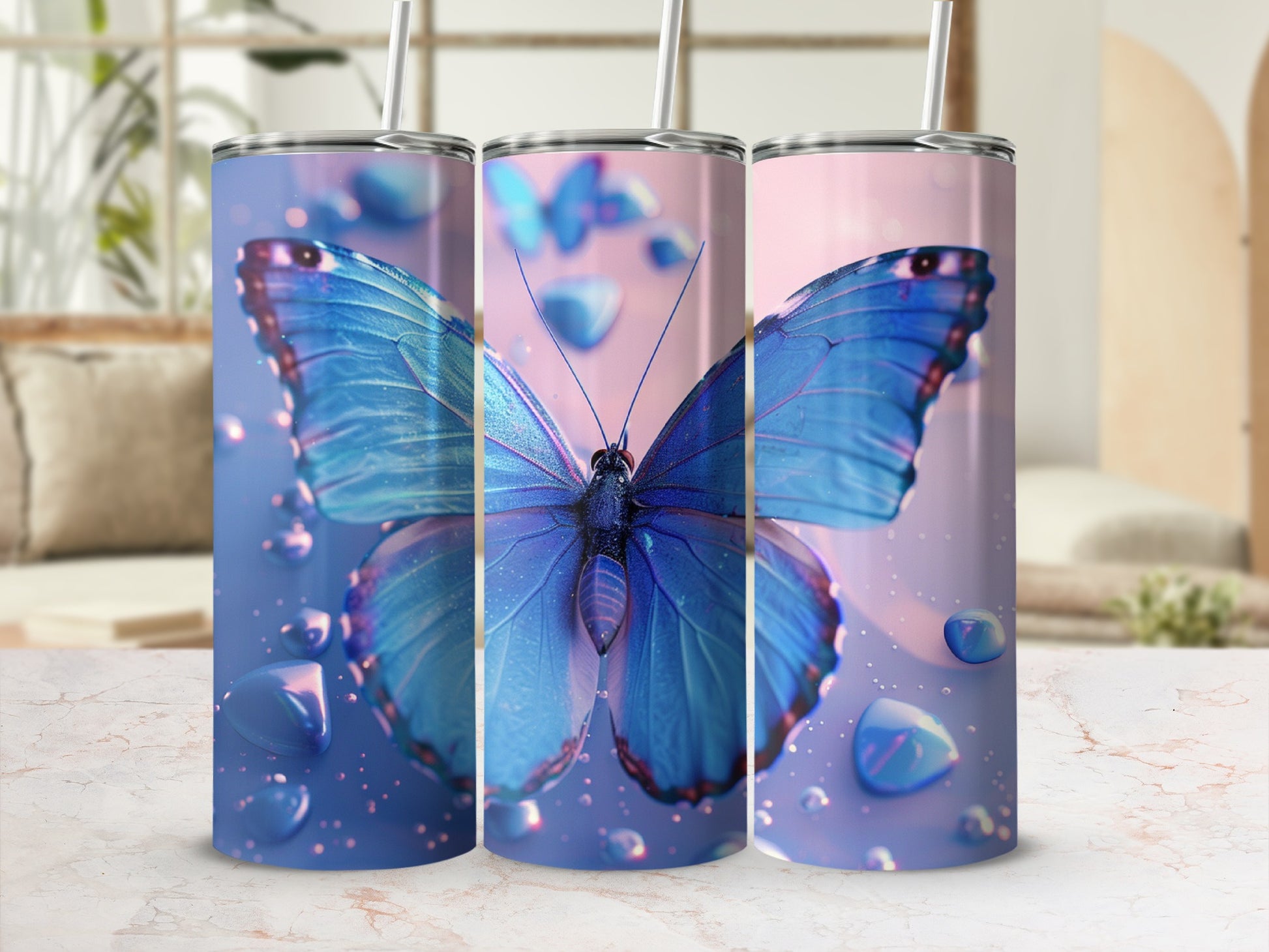 Blue butterfly on three tumblers with water droplets.