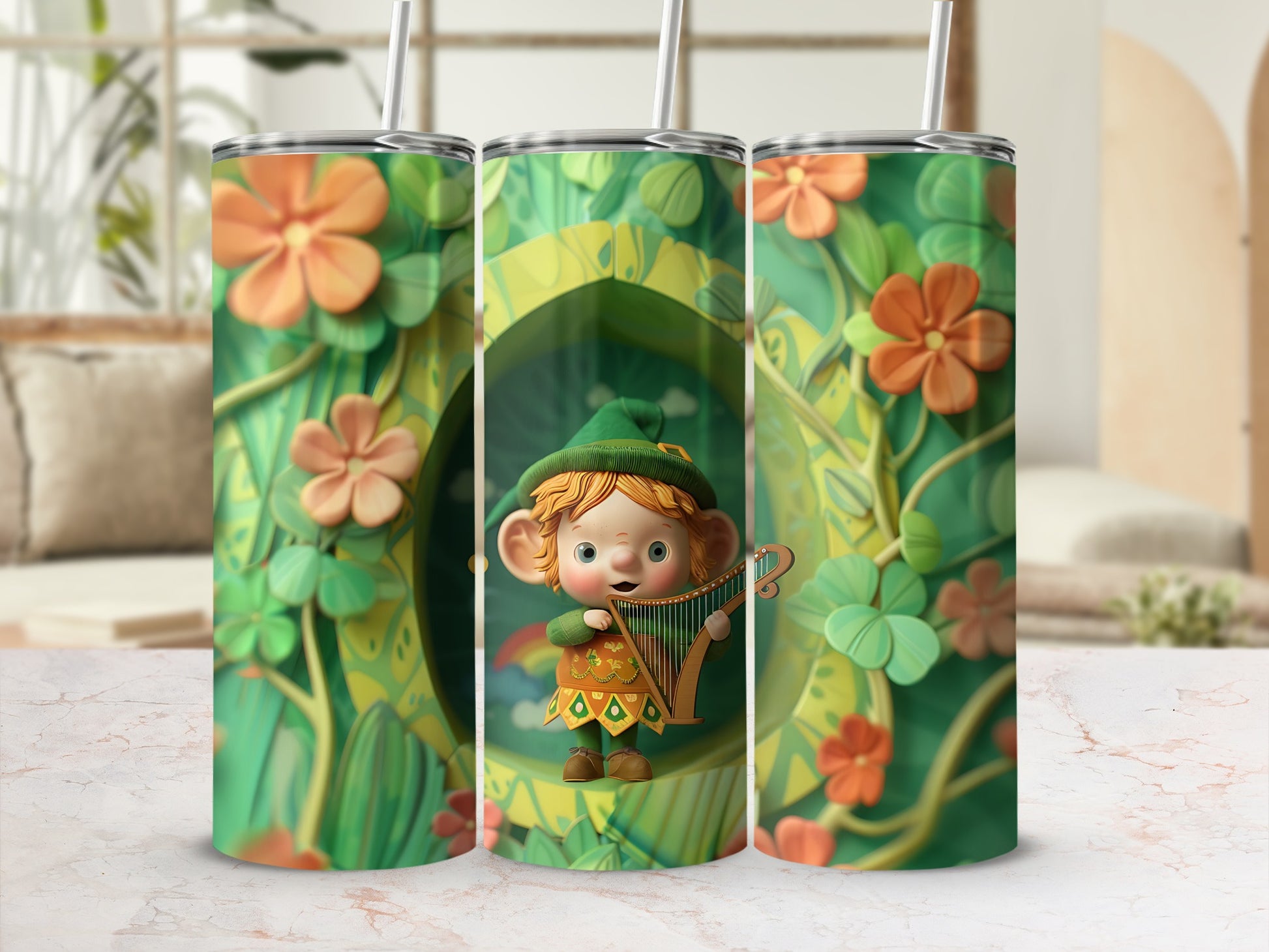 Green tumbler with a leprechaun playing a harp, surrounded by flowers.