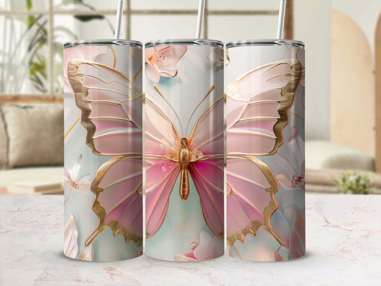Pink butterfly floral pattern on a tall tumbler.