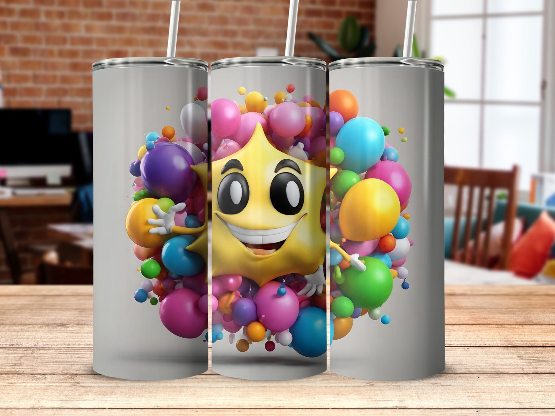 Colorful Starburst Character with Balloons Tumbler