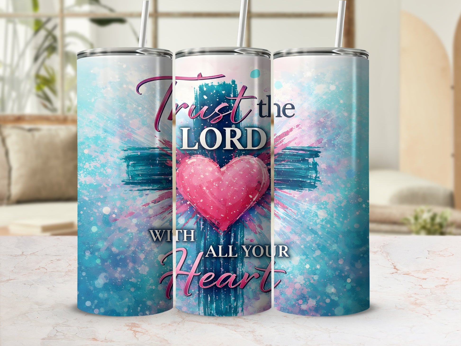 Tumbler with blue cross, pink heart, and "Trust the Lord with all your heart" text.