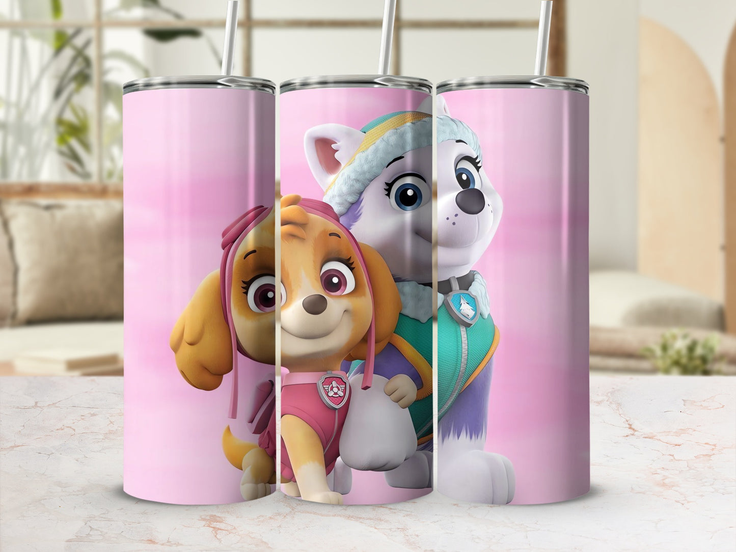 Adorable Pink Puppie Characters Tumbler Cup with Straw