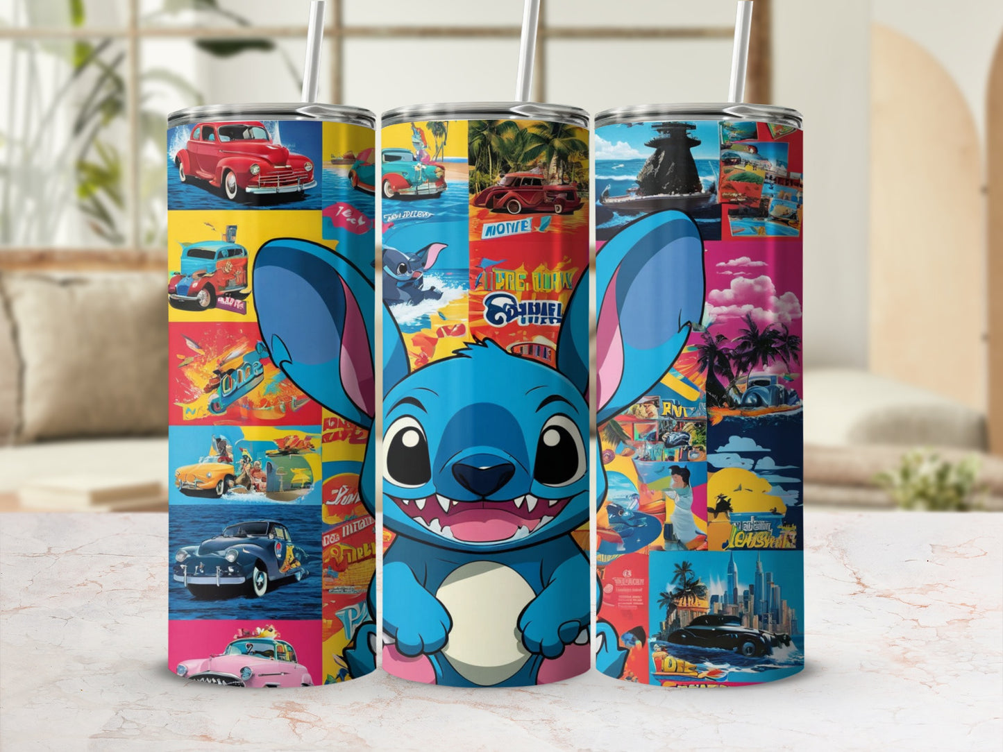 Stitch character on a tumbler with vintage travel and car advertisements.