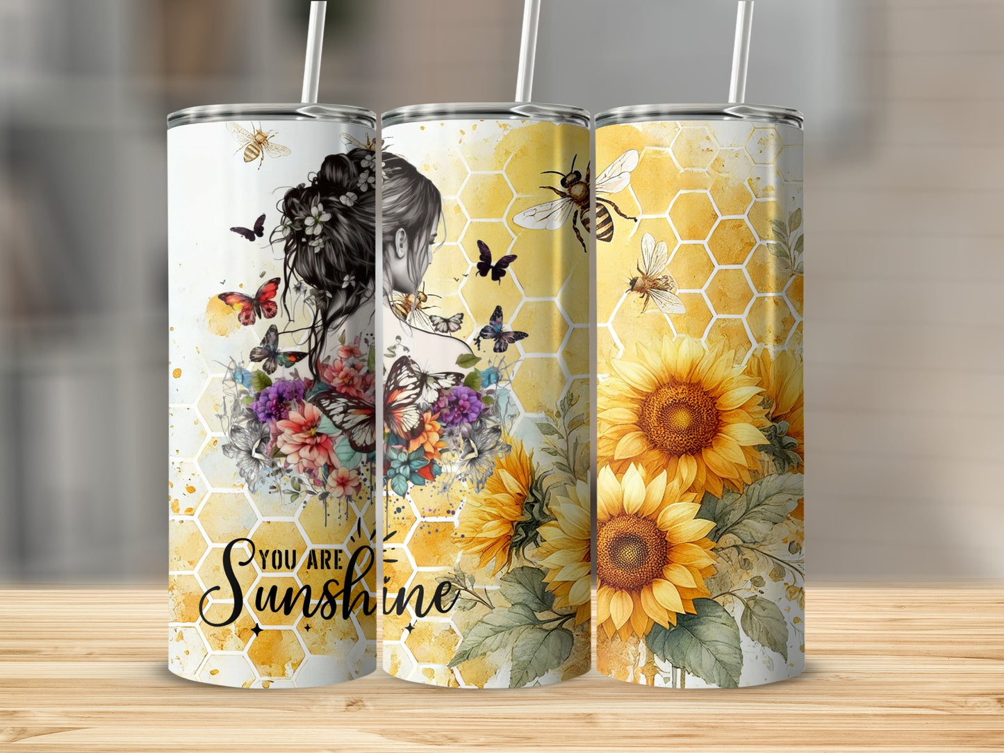 Three tumblers with sunflower and bee design, text "You Are Sunshine".