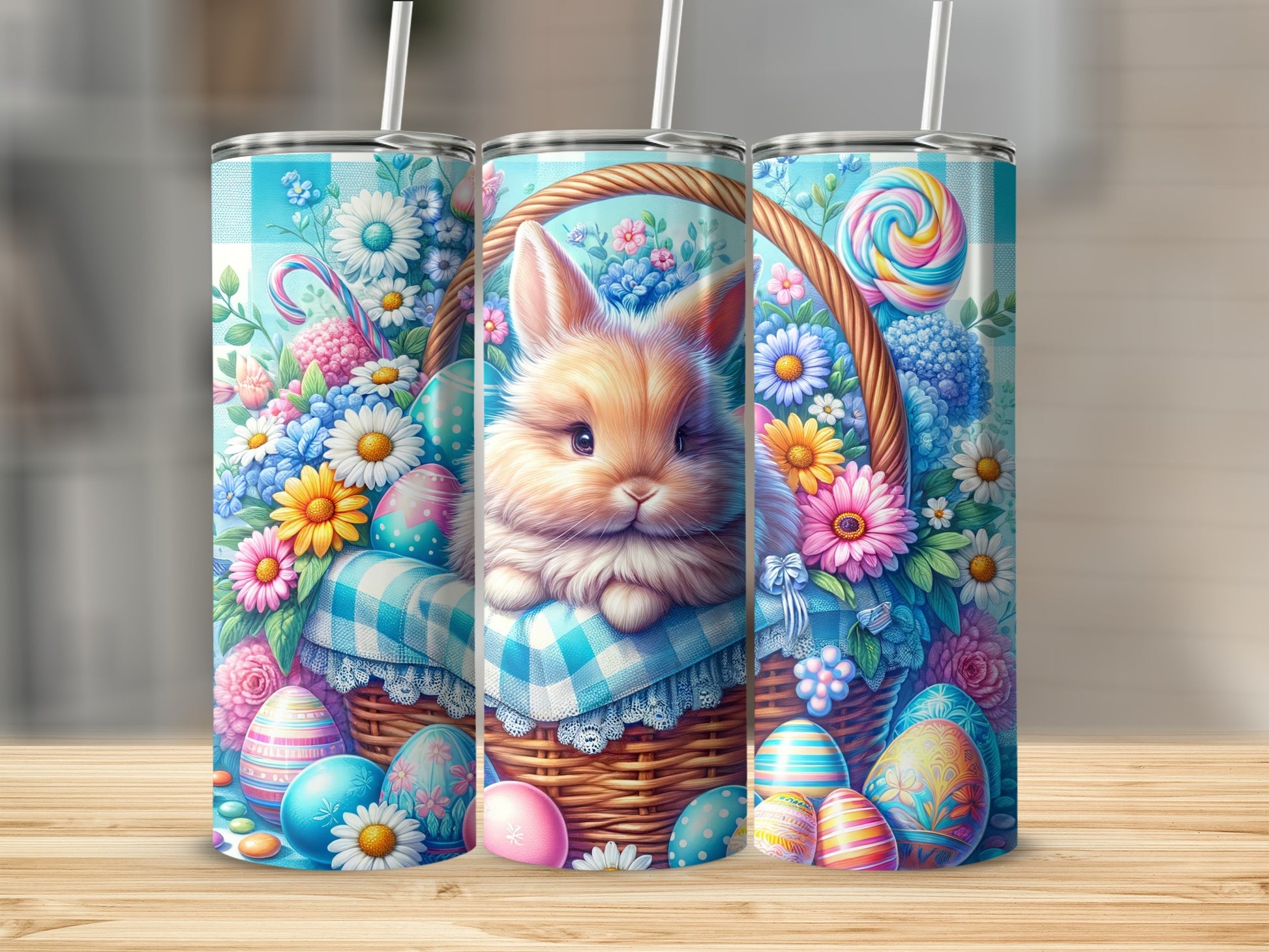 Easter bunny in basket surrounded by colorful eggs and flowers on a tumbler.