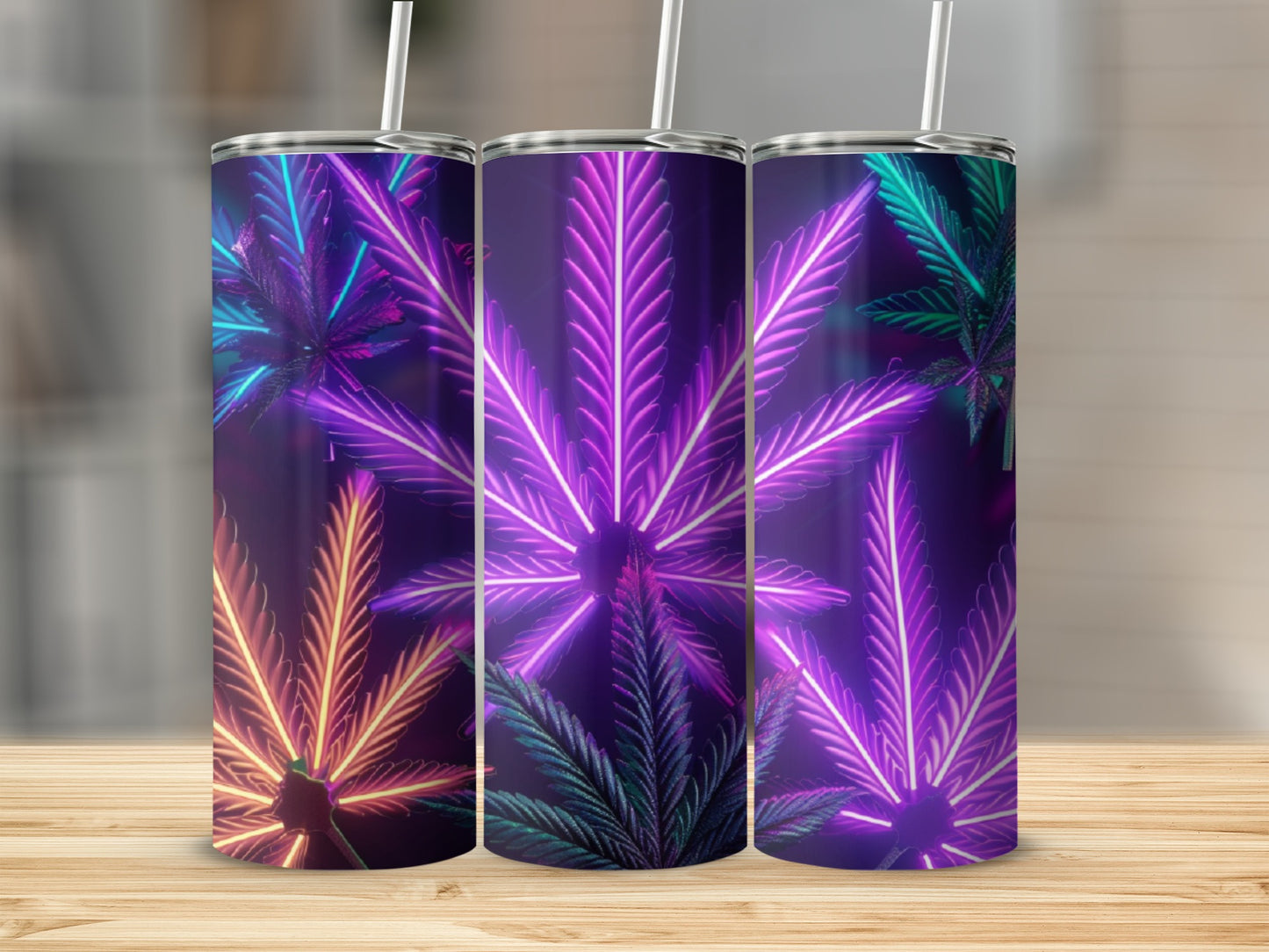 Three neon cannabis leaf tumblers with purple, pink, and blue lighting.