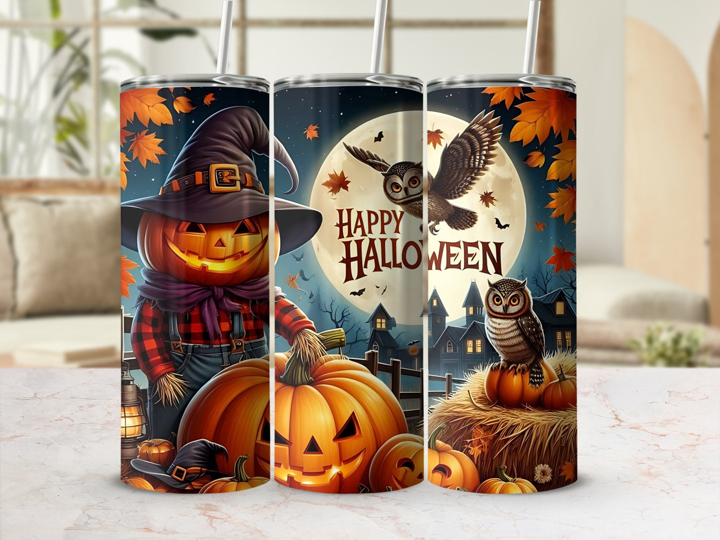 Three tumblers with Halloween designs: pumpkin scarecrow, owl with "Happy Halloween", and owl on hay.