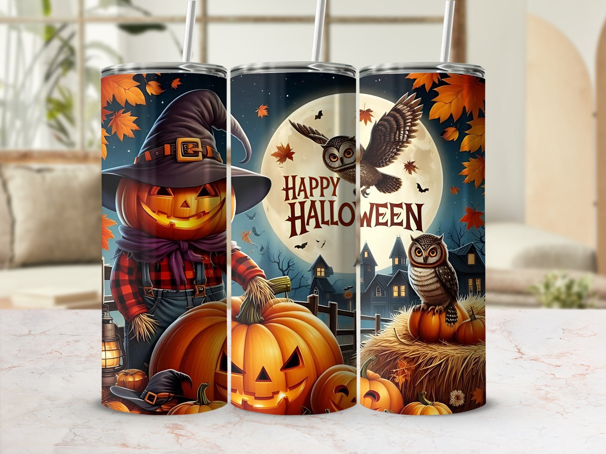 Three tumblers with Halloween designs: pumpkin scarecrow, owl with "Happy Halloween", and owl on hay.