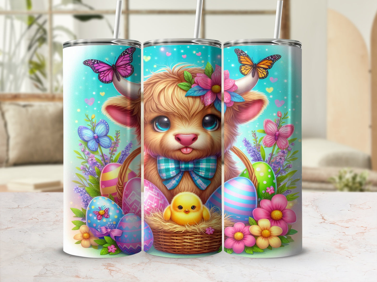 Cute Highland cow with Easter eggs and butterflies.