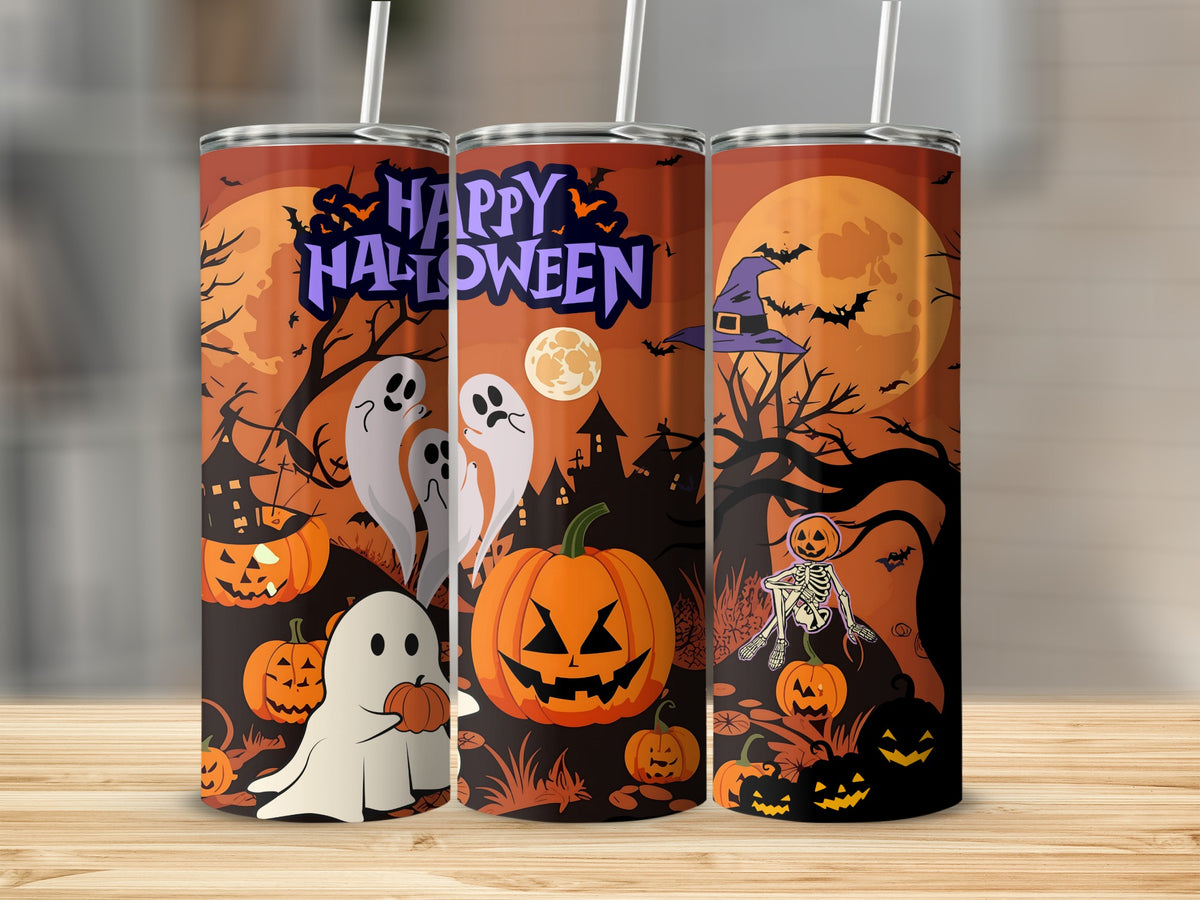 Three tumblers with a Halloween theme featuring ghosts, pumpkins, bats, and the text "Happy Halloween".