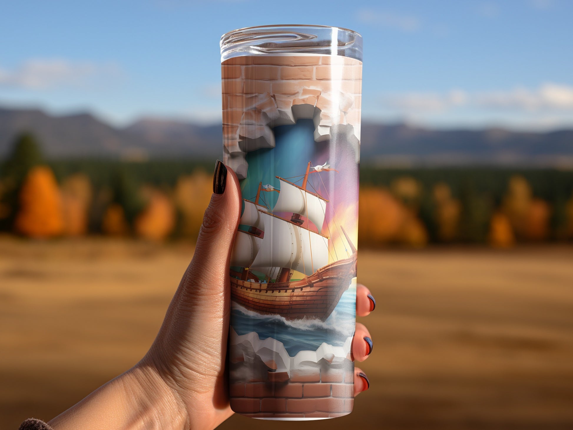 Beautiful Sailboat Scene on Cracked Wall Design Tumbler
