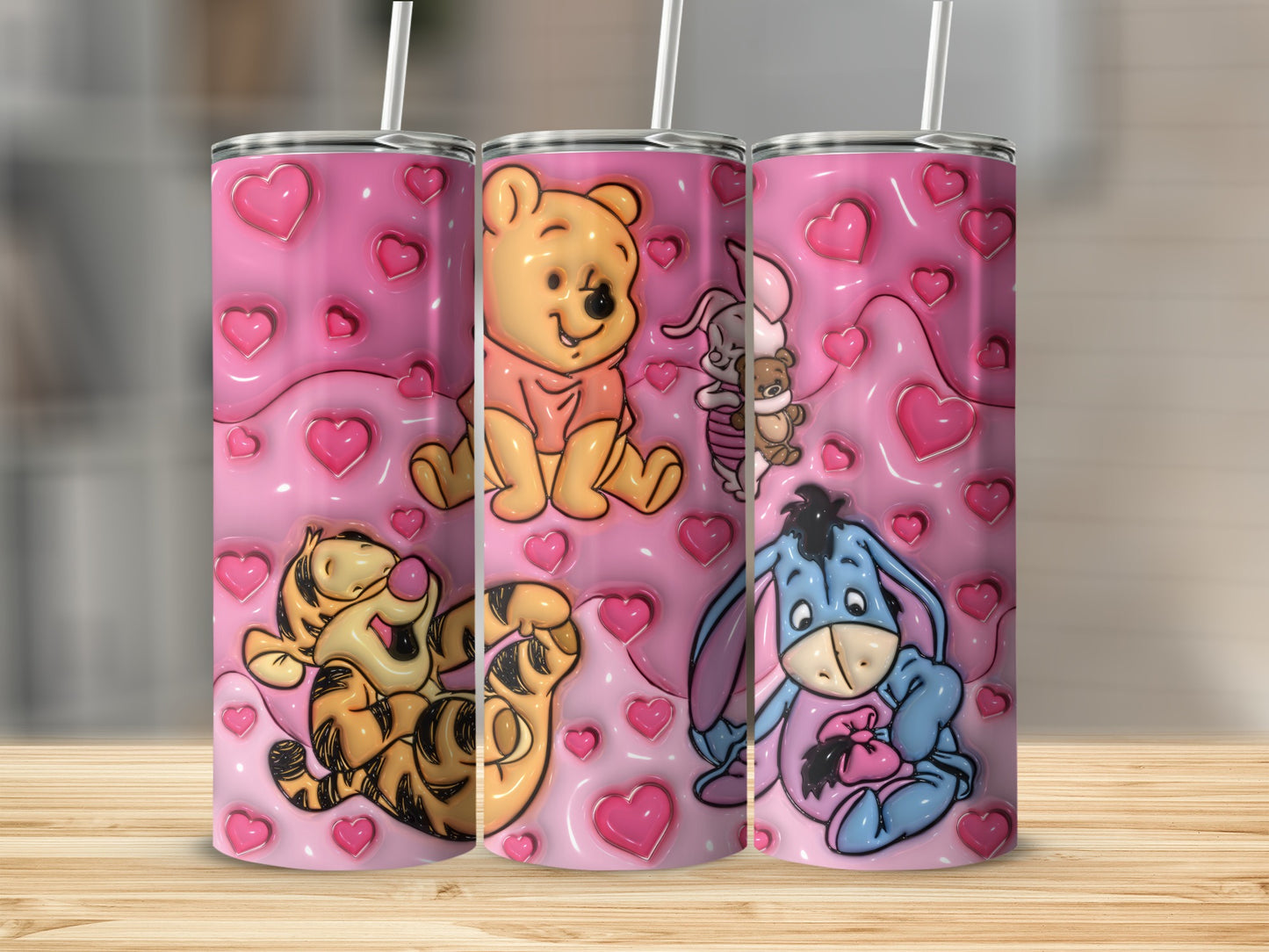 Winnie the Pooh Characters Pink Hearts Tumbler