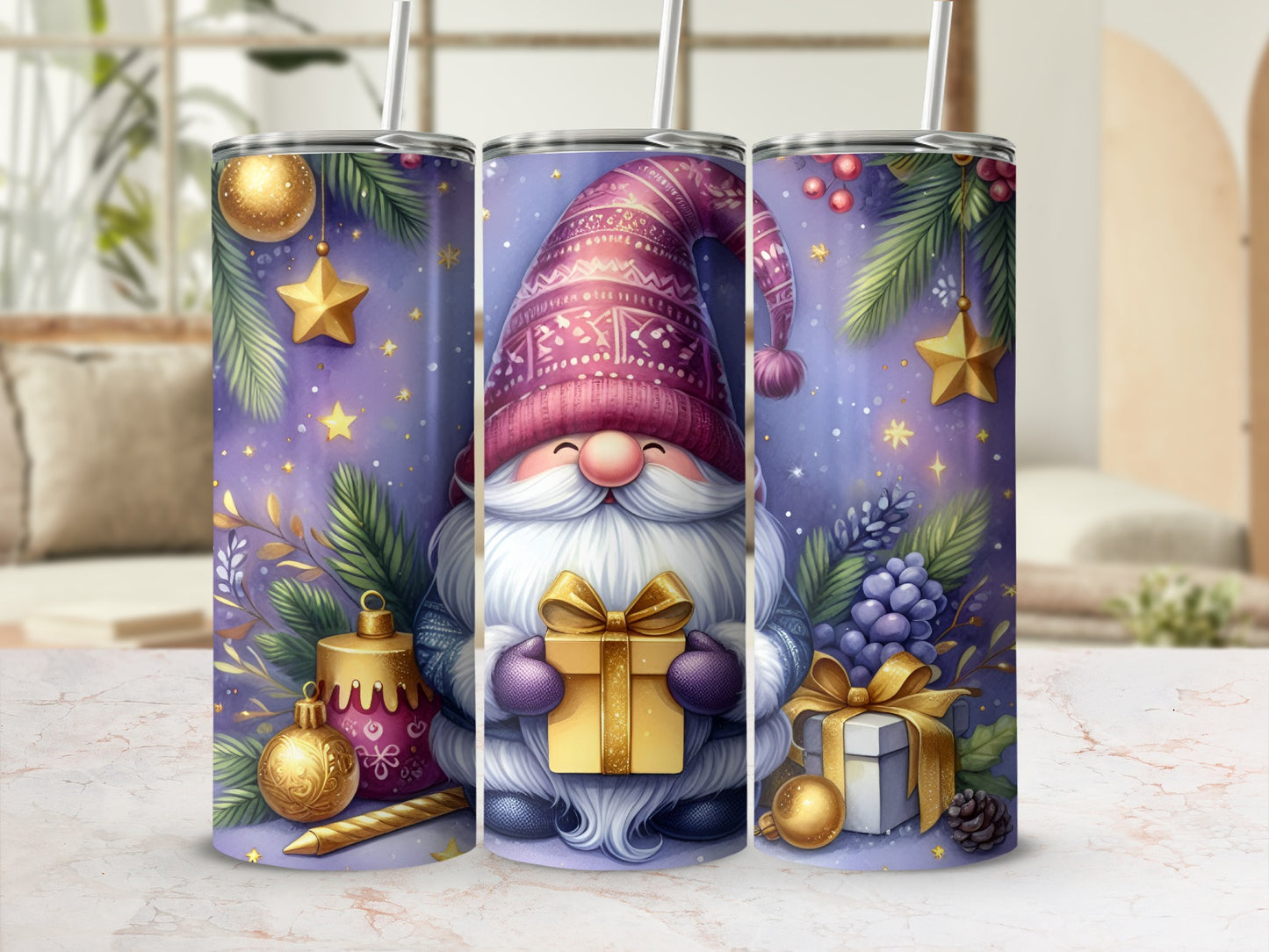 Gnome holding gift with ornaments and berries on a purple background.