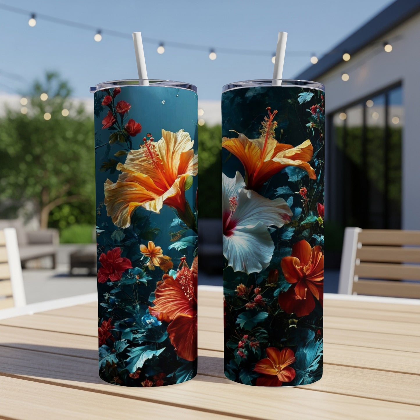 Two tall tumblers with vibrant hibiscus flowers and tropical foliage.