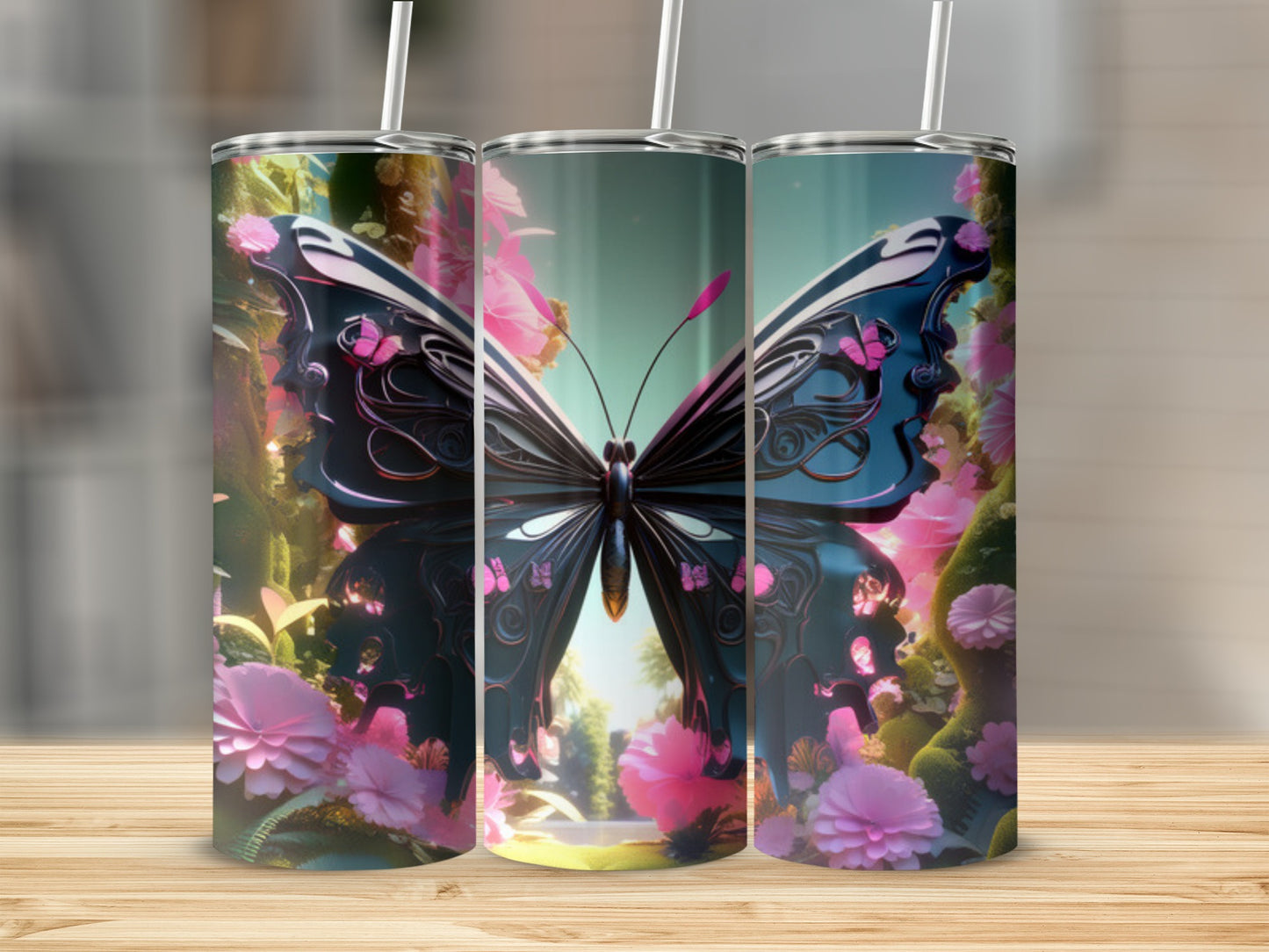Tall tumbler with a large black butterfly and pink flowers design.