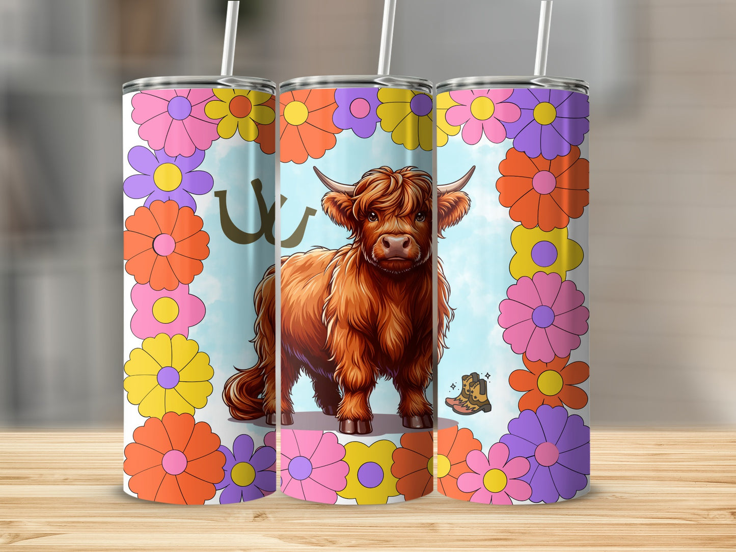 Colorful Flower Highland Cow Tumbler Cup