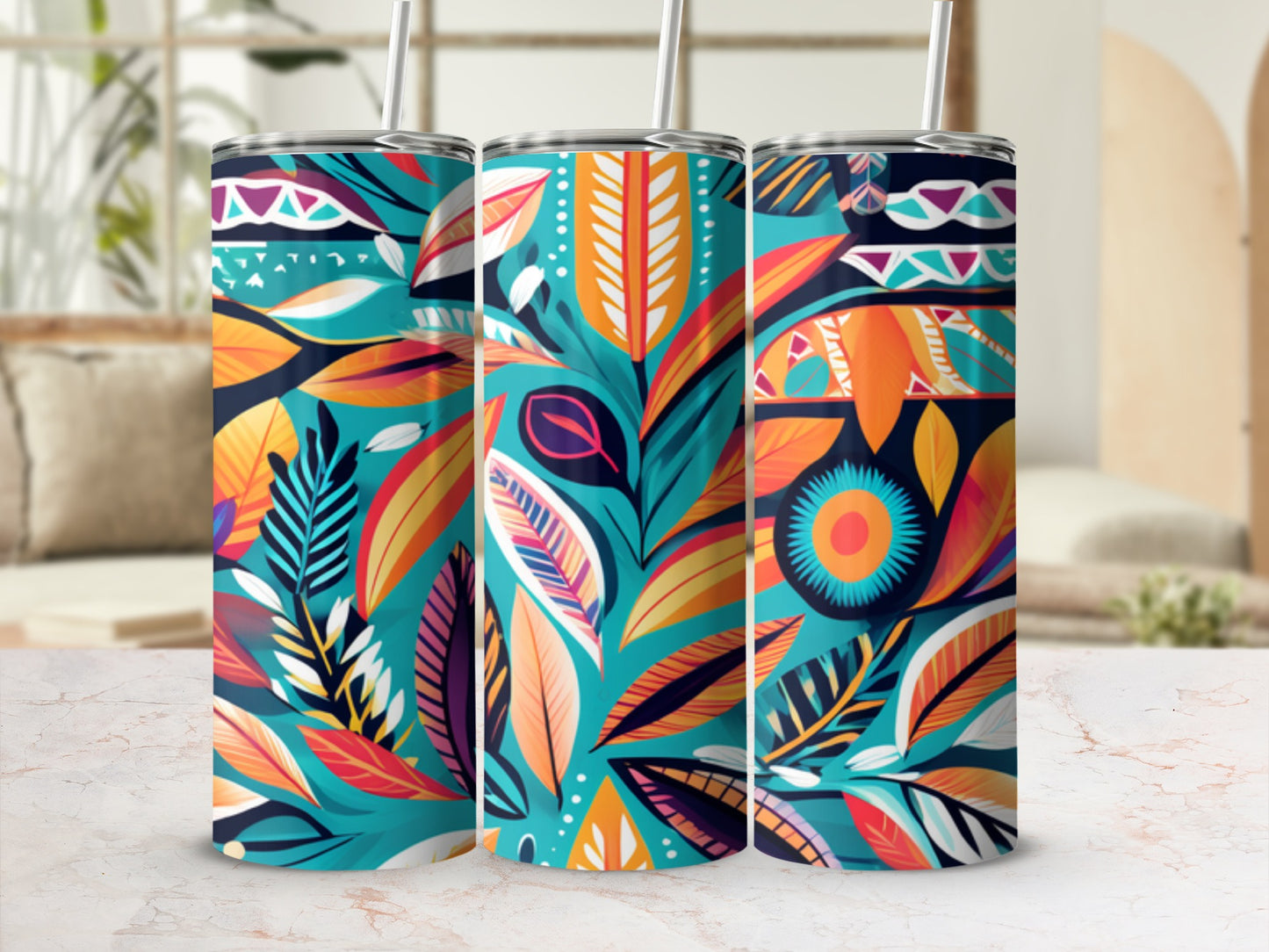 Three tumblers with a vibrant floral and tribal leaf pattern.