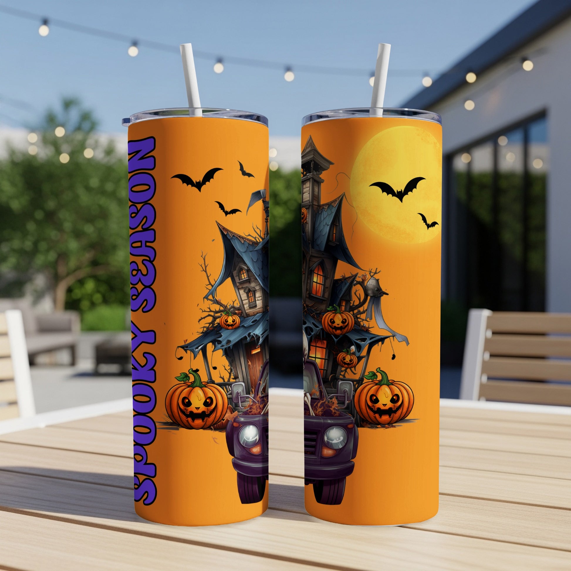 Two Halloween-themed tumblers with spooky haunted house, pumpkins, bats, and "Spooky Season" text.