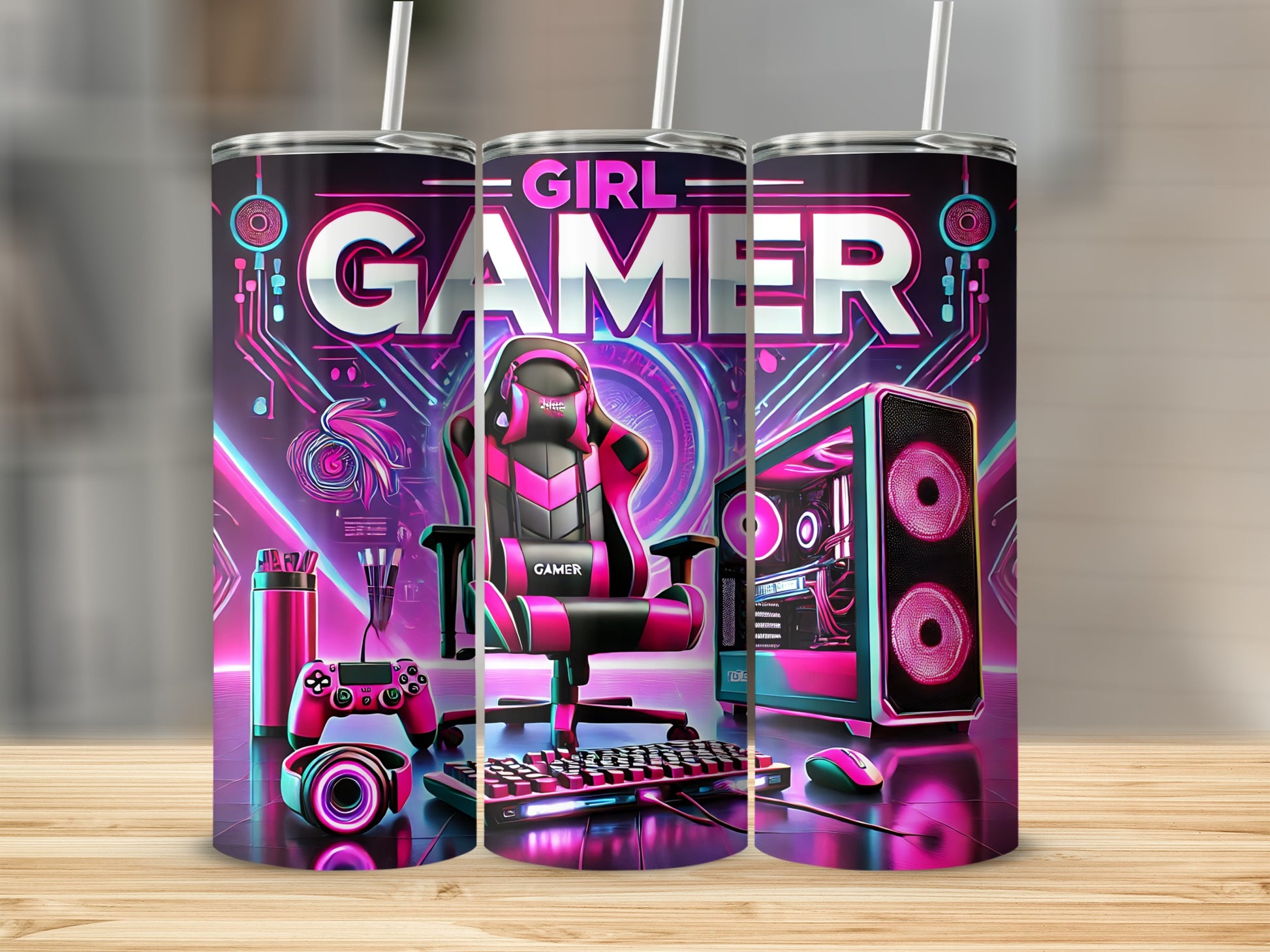 Girl Gamer Tumbler with Retro Gaming Setup Design