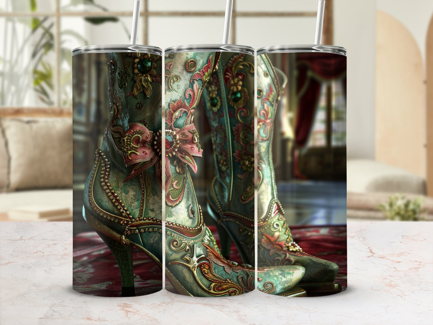 Ornate teal and gold boots with red floral accents and bows, presented as a tumbler wrap.