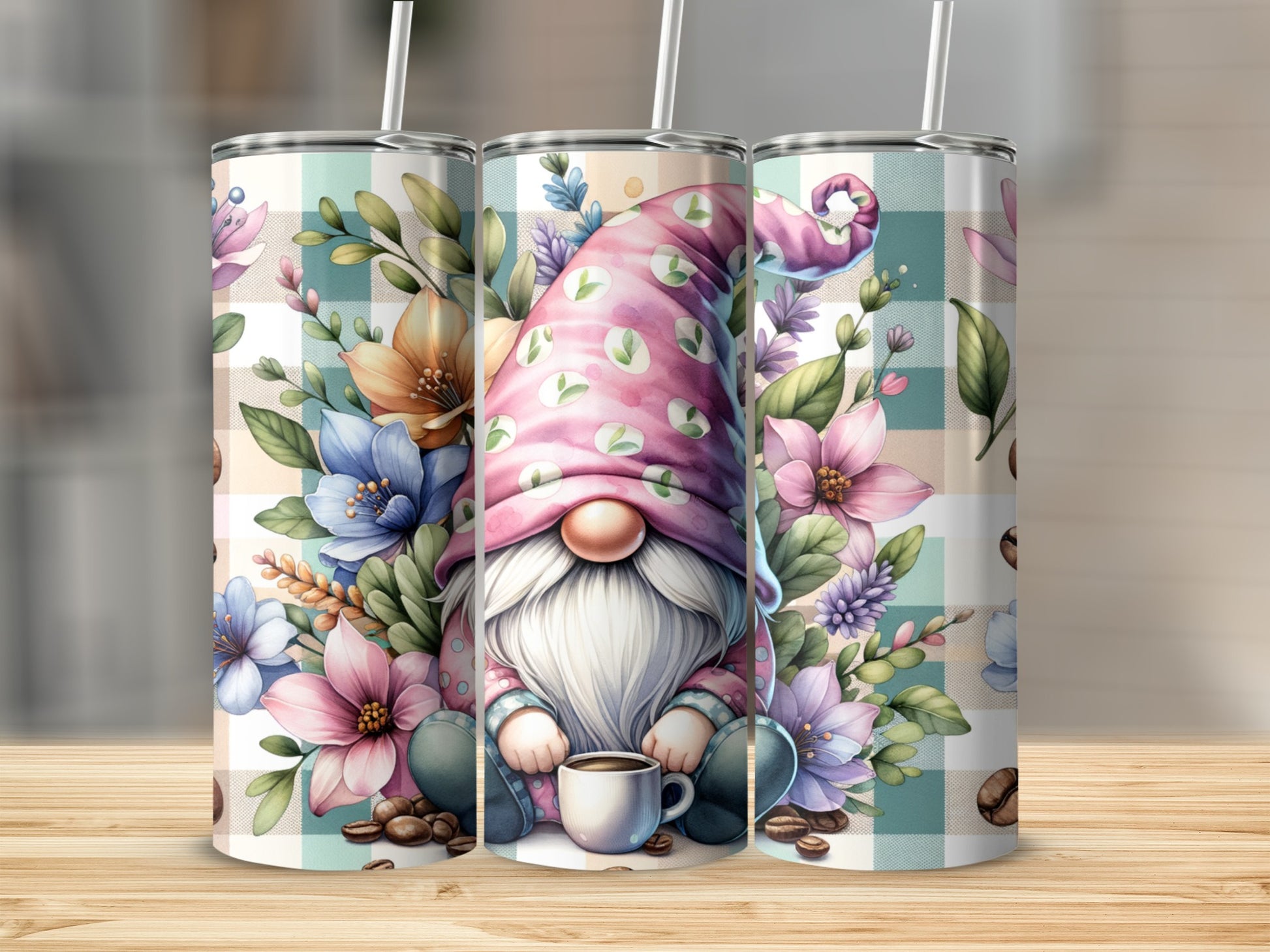 Gnome with coffee cup and flowers, plaid background, tumbler design.
