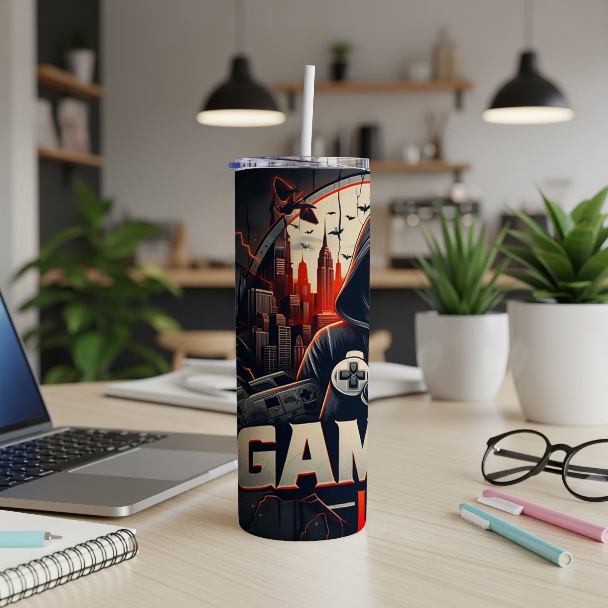 Gaming-themed tumbler with cityscape and controller graphic.