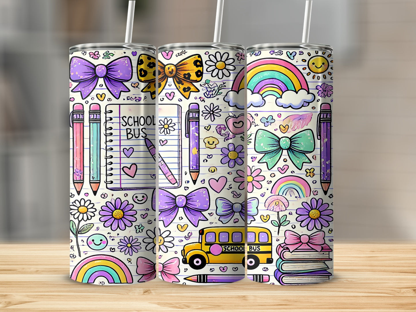 Three tumblers with a doodle-style pattern of school supplies, bows, rainbows, and flowers.