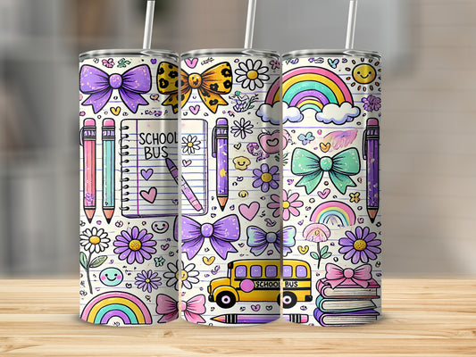 Three tumblers with a doodle-style pattern of school supplies, bows, rainbows, and flowers.