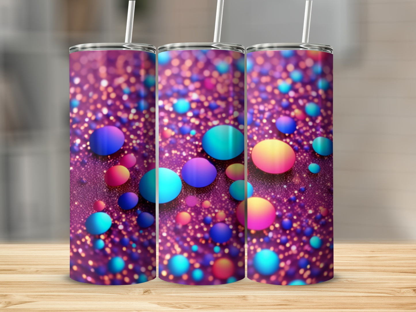 Three tumblers with a purple bokeh and colorful bubble design.