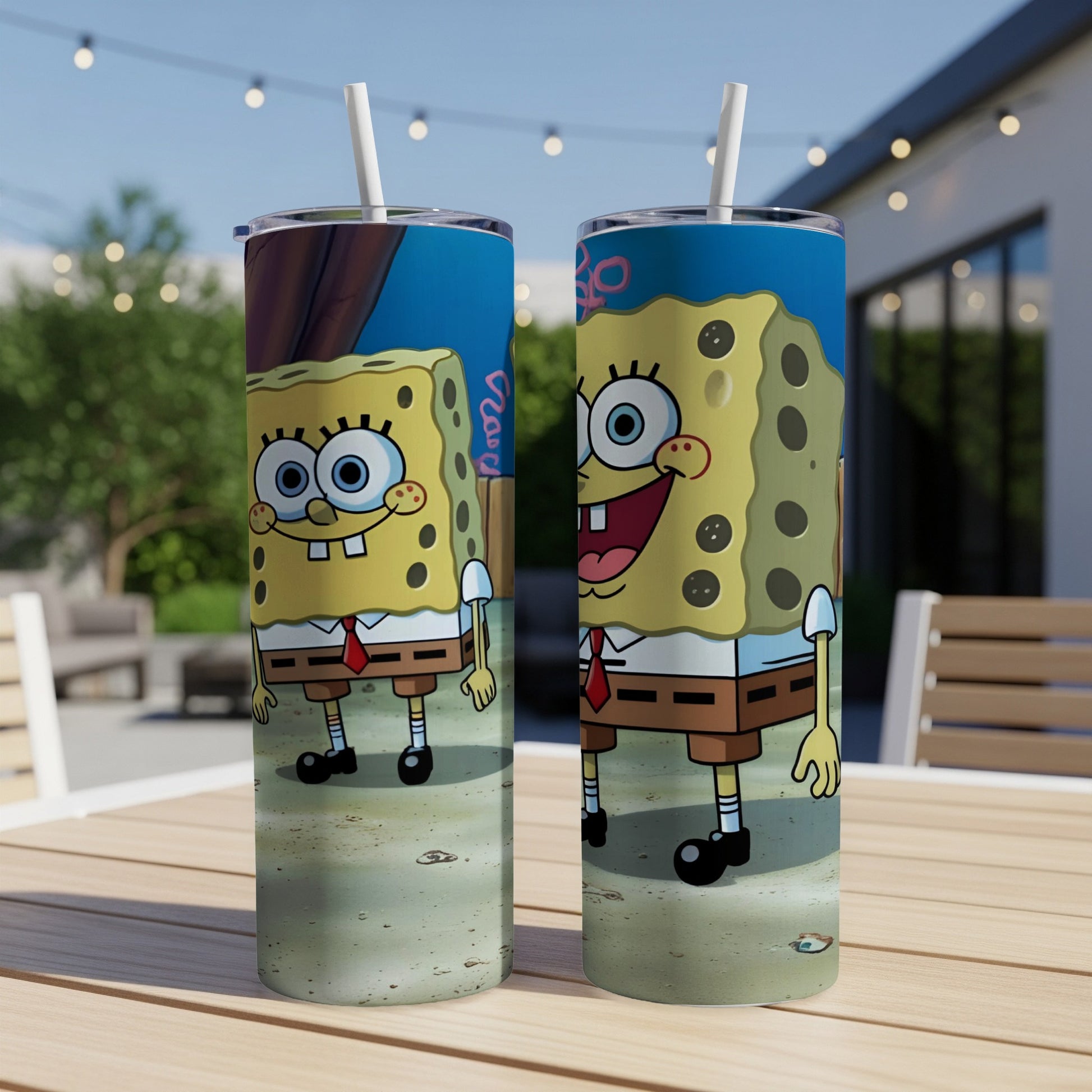 Two Spongebob Squarepants tumblers with straws on a table.