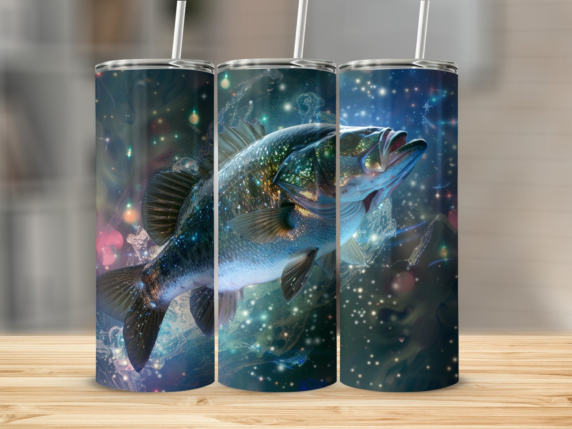 Largemouth bass leaping from starry water, appearing on three tumblers.