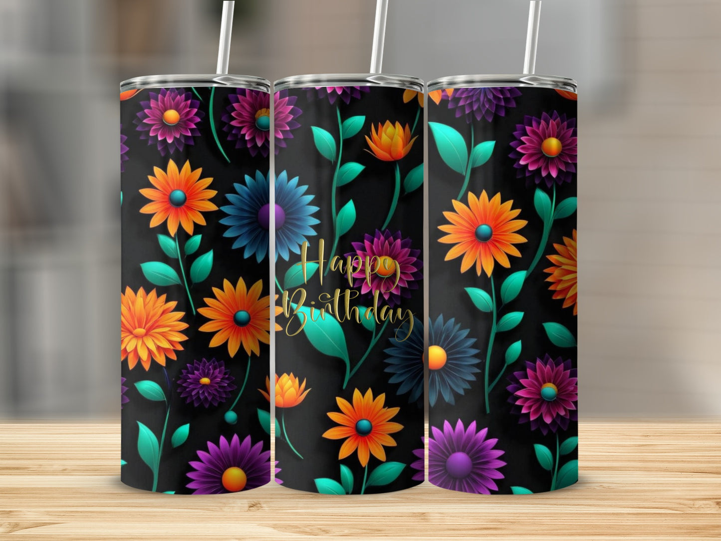 Happy Birthday tumbler with colorful floral design on black background.