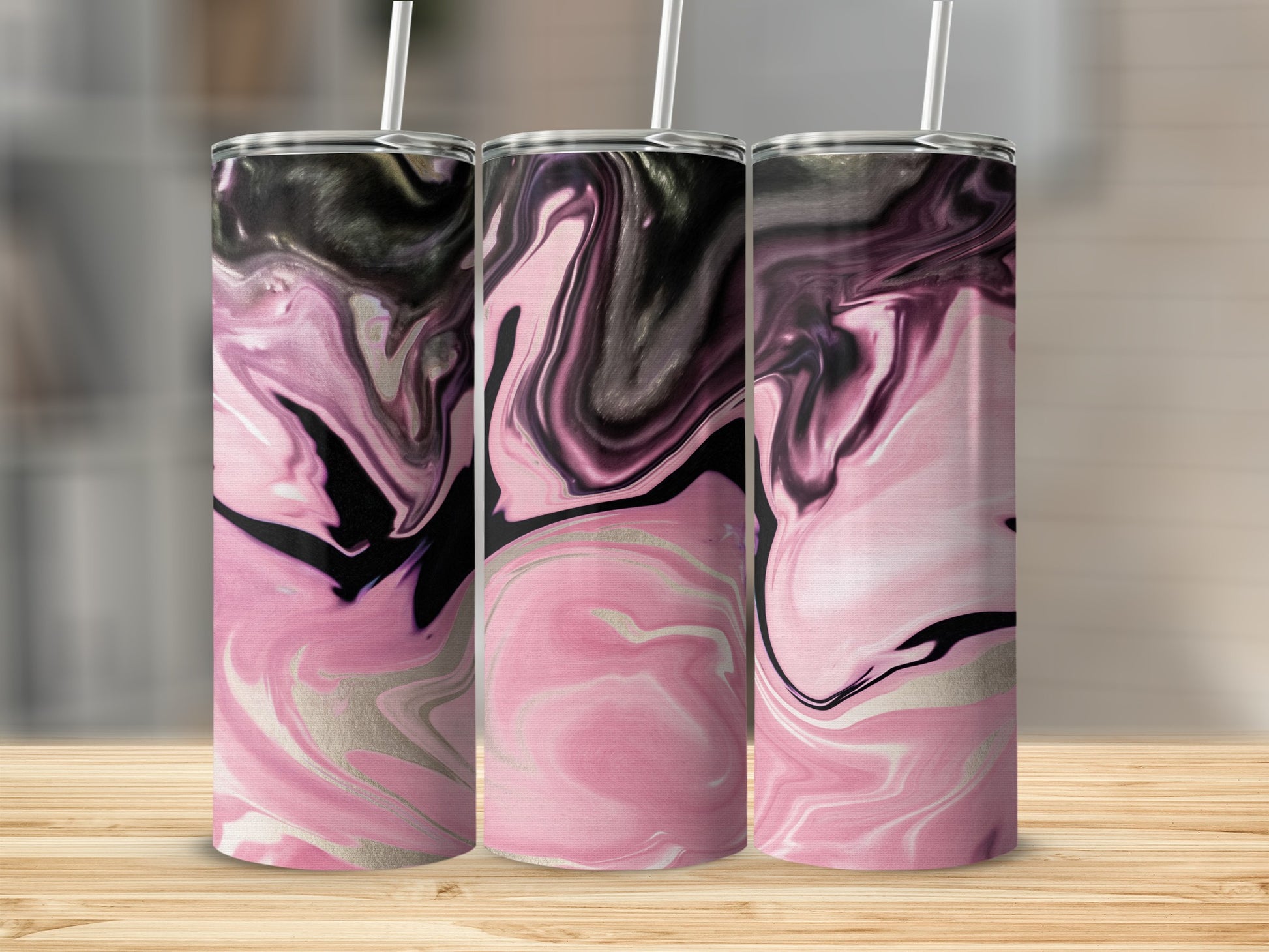 Pink and Black Marble Patterned Tumbler