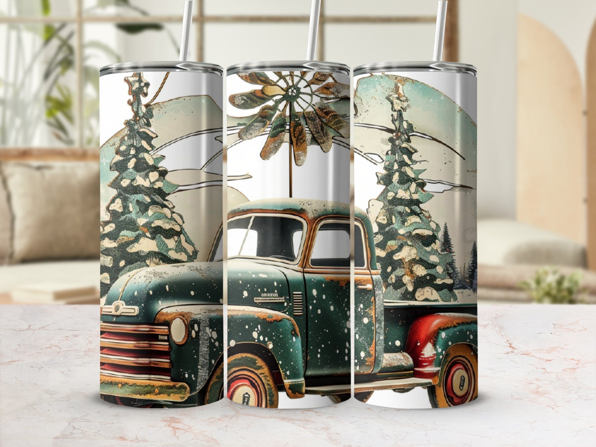Vintage green pickup truck with a Christmas tree design.