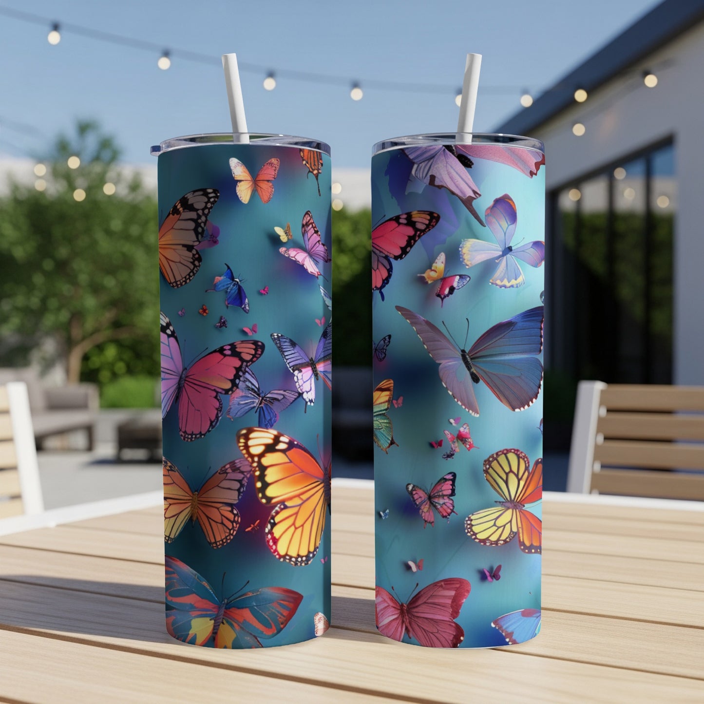 Two teal tumblers with colorful butterflies printed on them, resting on a table.