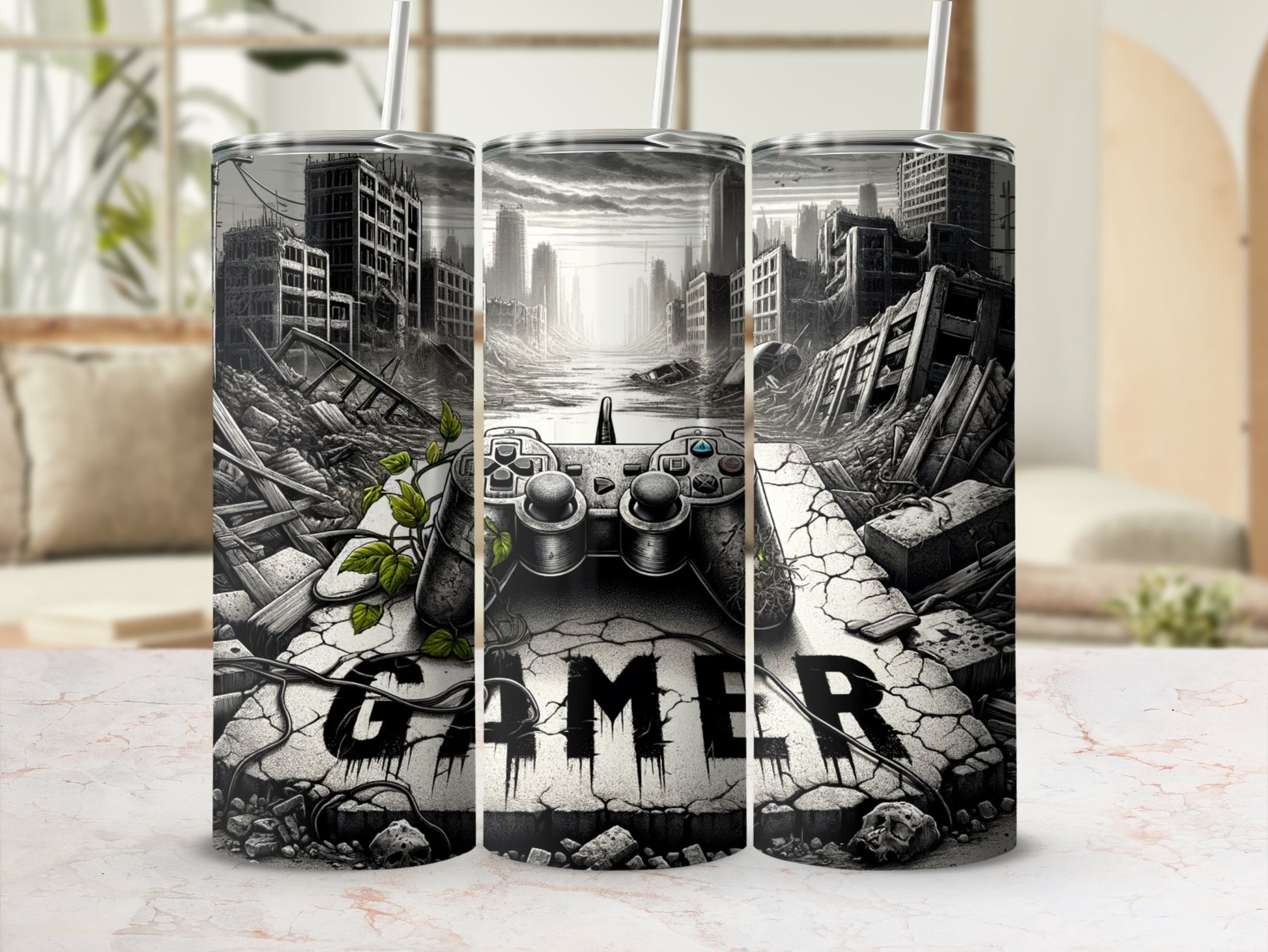 Post-apocalyptic cityscape with a video game controller and "GAMER" text.