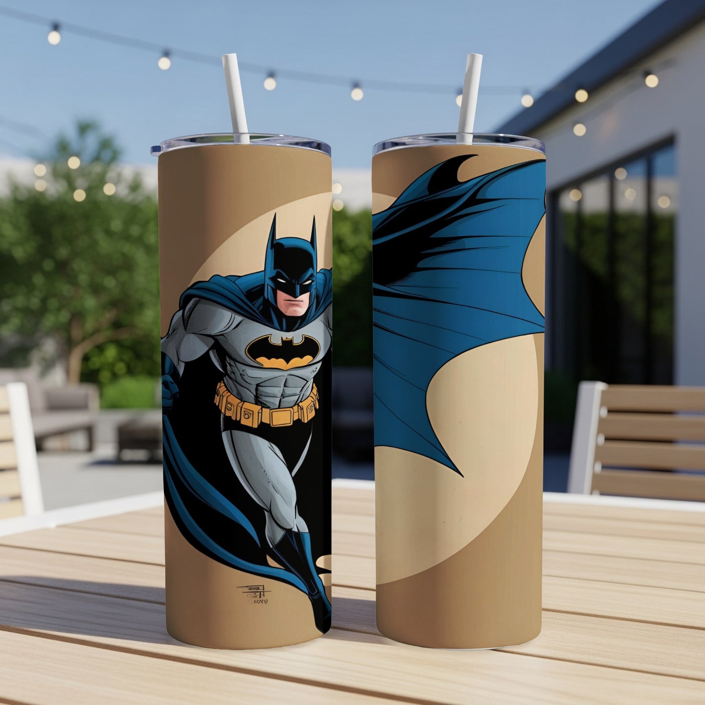 Batman running graphic on tan tumblers with straws.