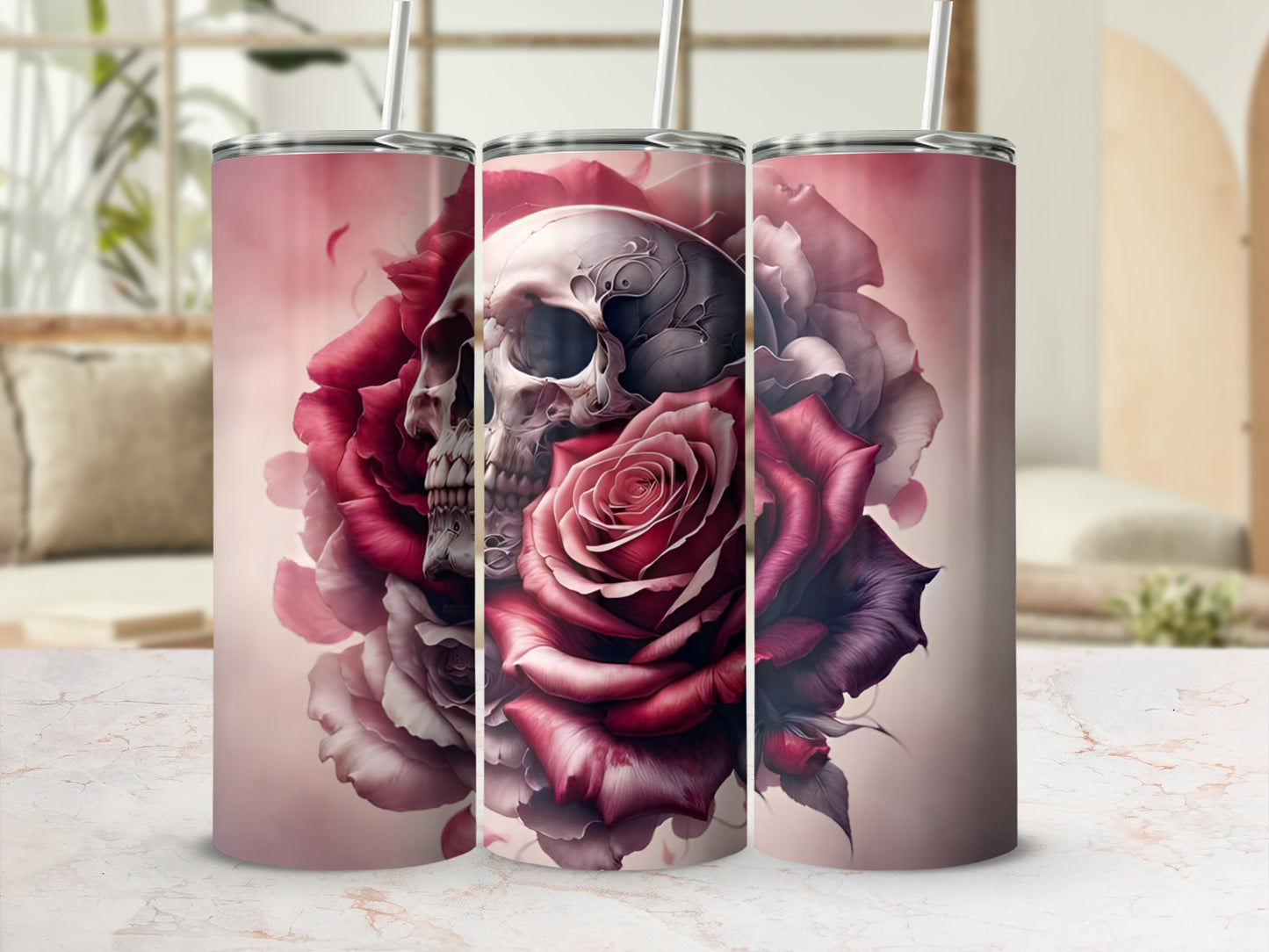 Tumbler with skull and roses design.
