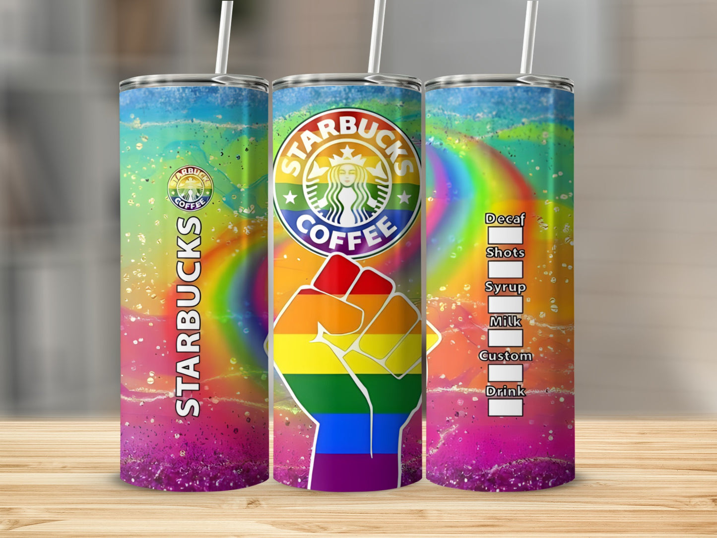 Starbucks tumbler with rainbow fist, coffee cup, and drink options.
