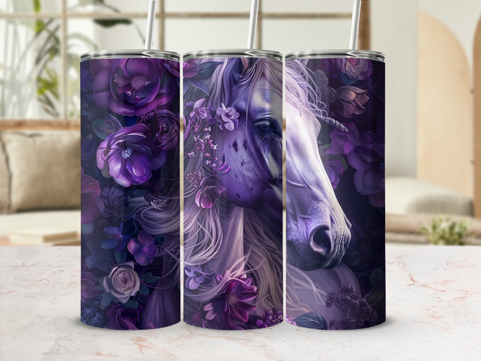 Purple floral unicorn tumbler with straw, displayed on a marble countertop.