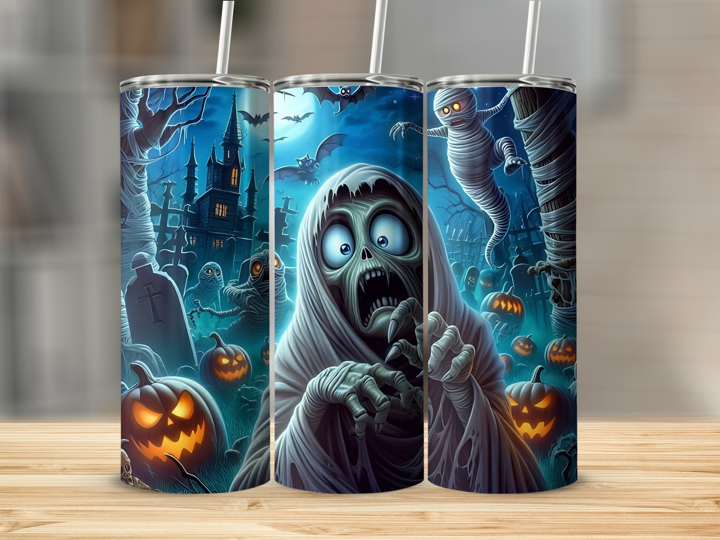 Spooky Halloween Themed Mummy and Pumpkins Tumbler