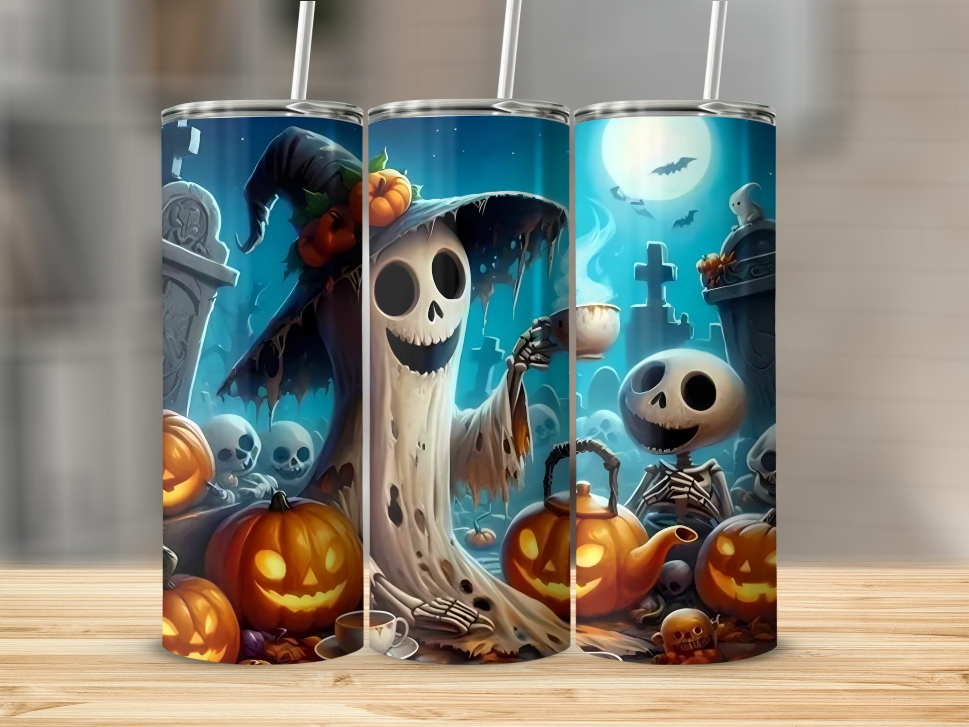 Halloween tumbler with ghosts, skeletons, pumpkins, and a graveyard scene.