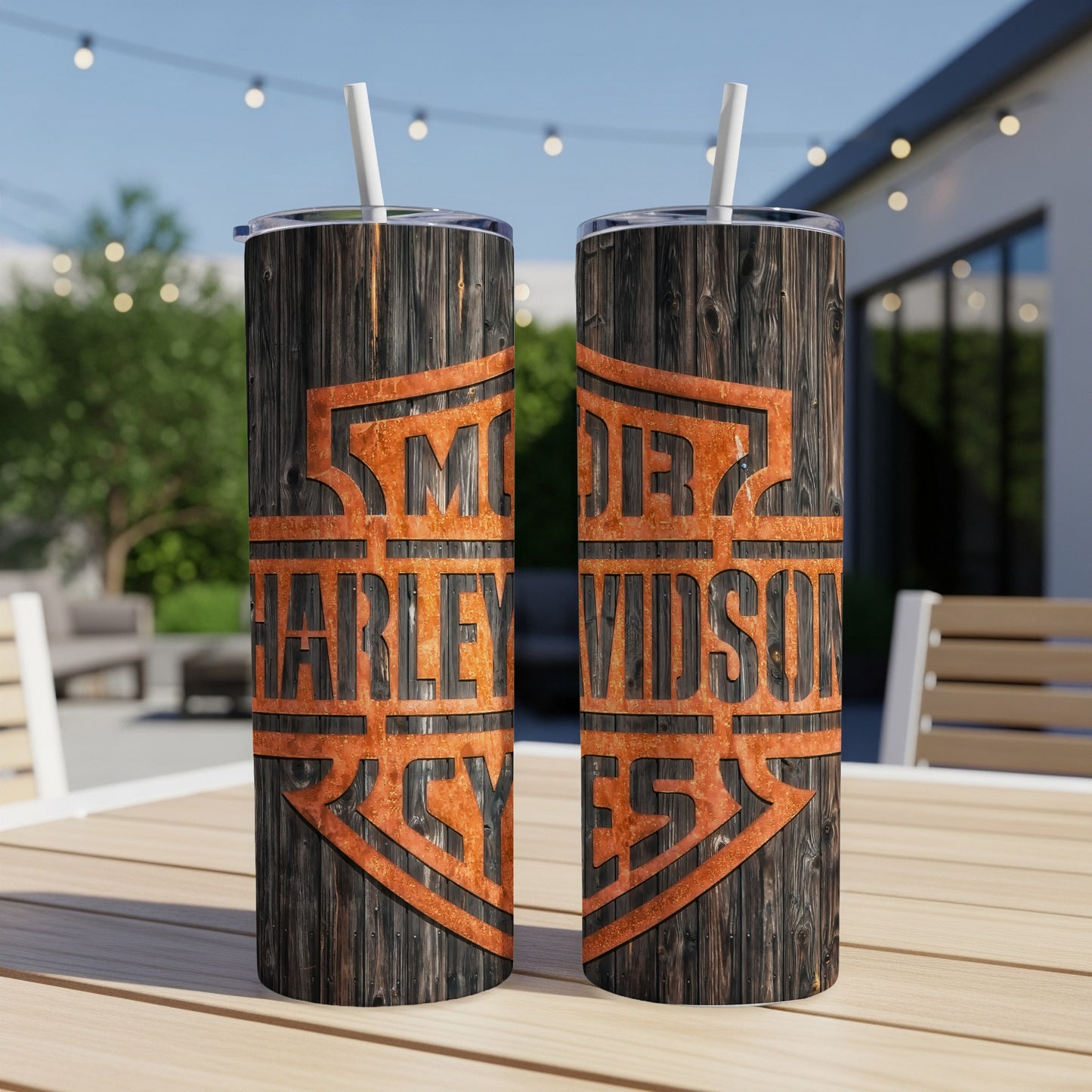 Two tumblers with Harley Davidson logo on distressed wood graphic.