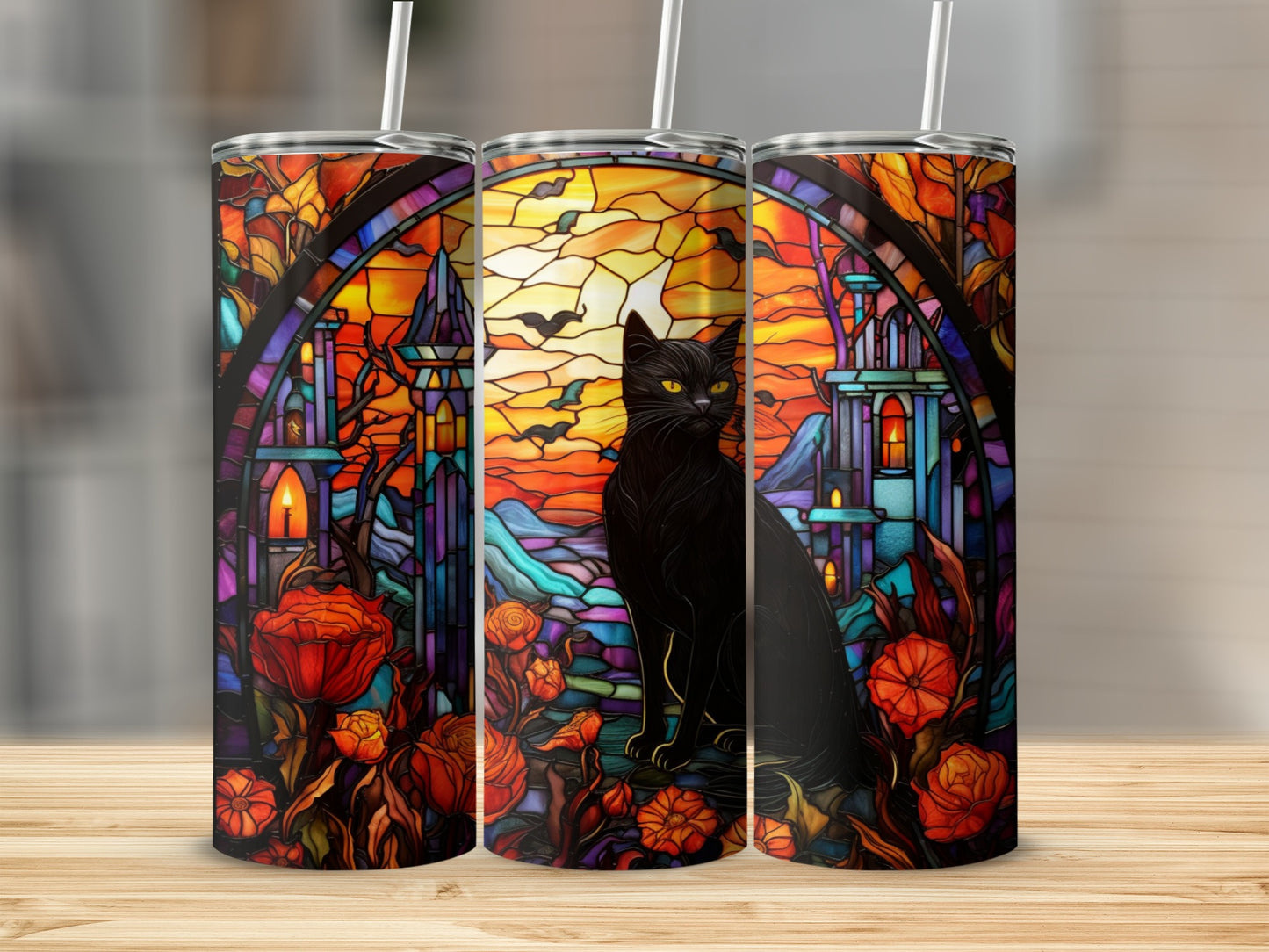Black cat sits before stained glass castle, moon, bats, and roses.