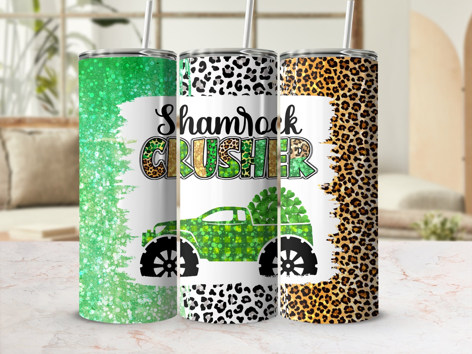 Green glitter and leopard print tumbler with "Shamrock Crusher" text and truck graphic.