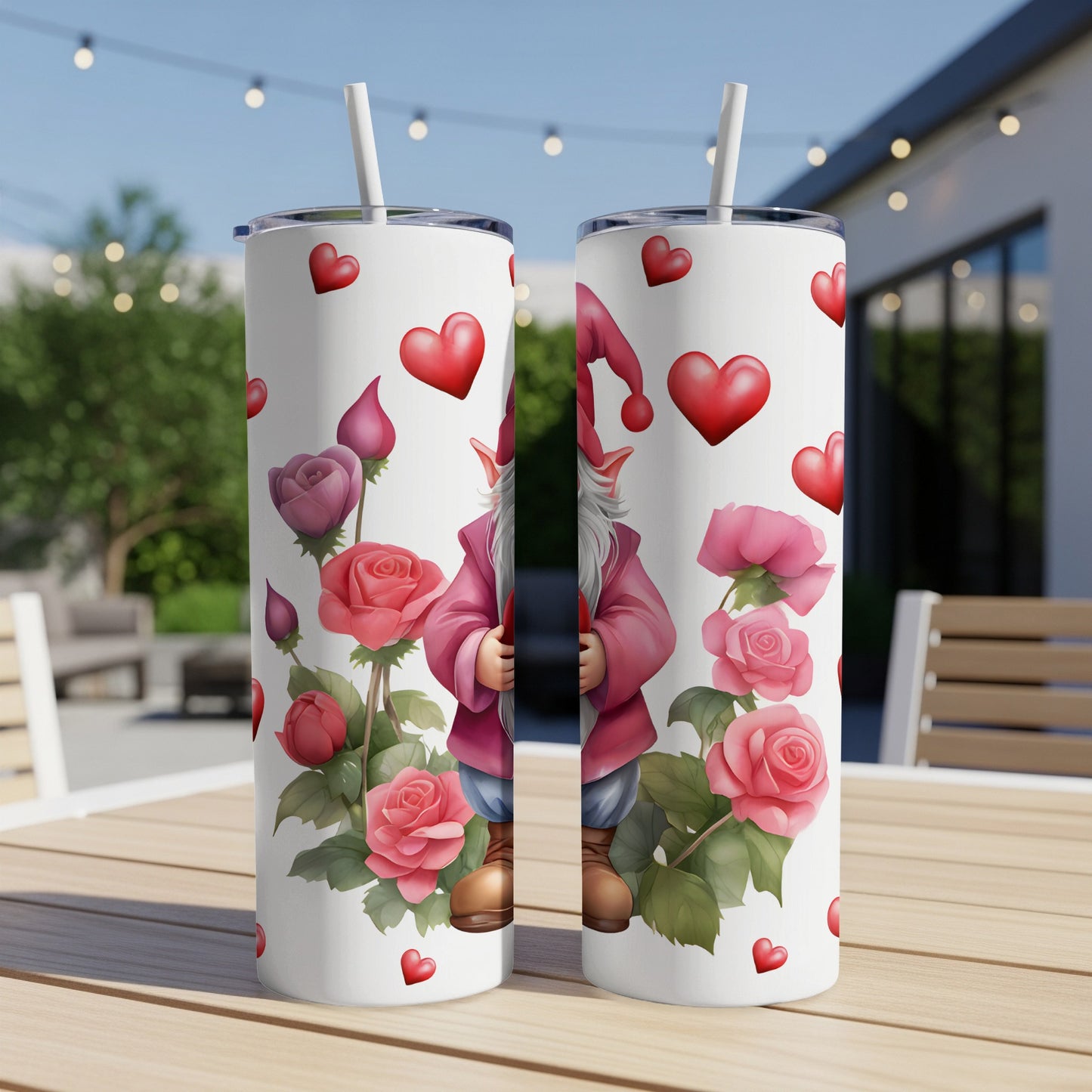 Two Valentine's Day themed tumblers with a gnome and roses.